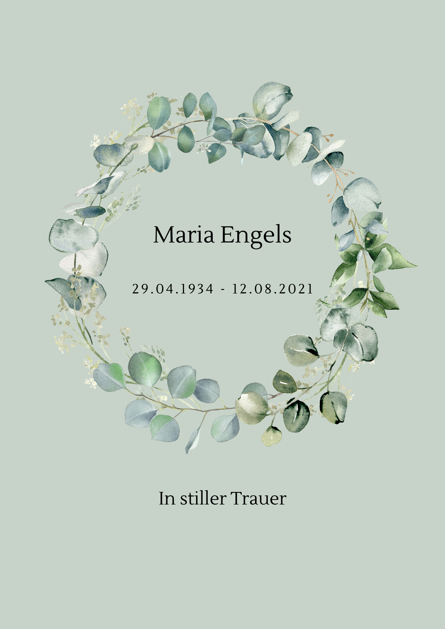Digitale Trauerkarte „In stiller Trauer“ mit Eukalyptuskranz – Canva-Vorlage zum Personalisieren | Gedenkbild Download