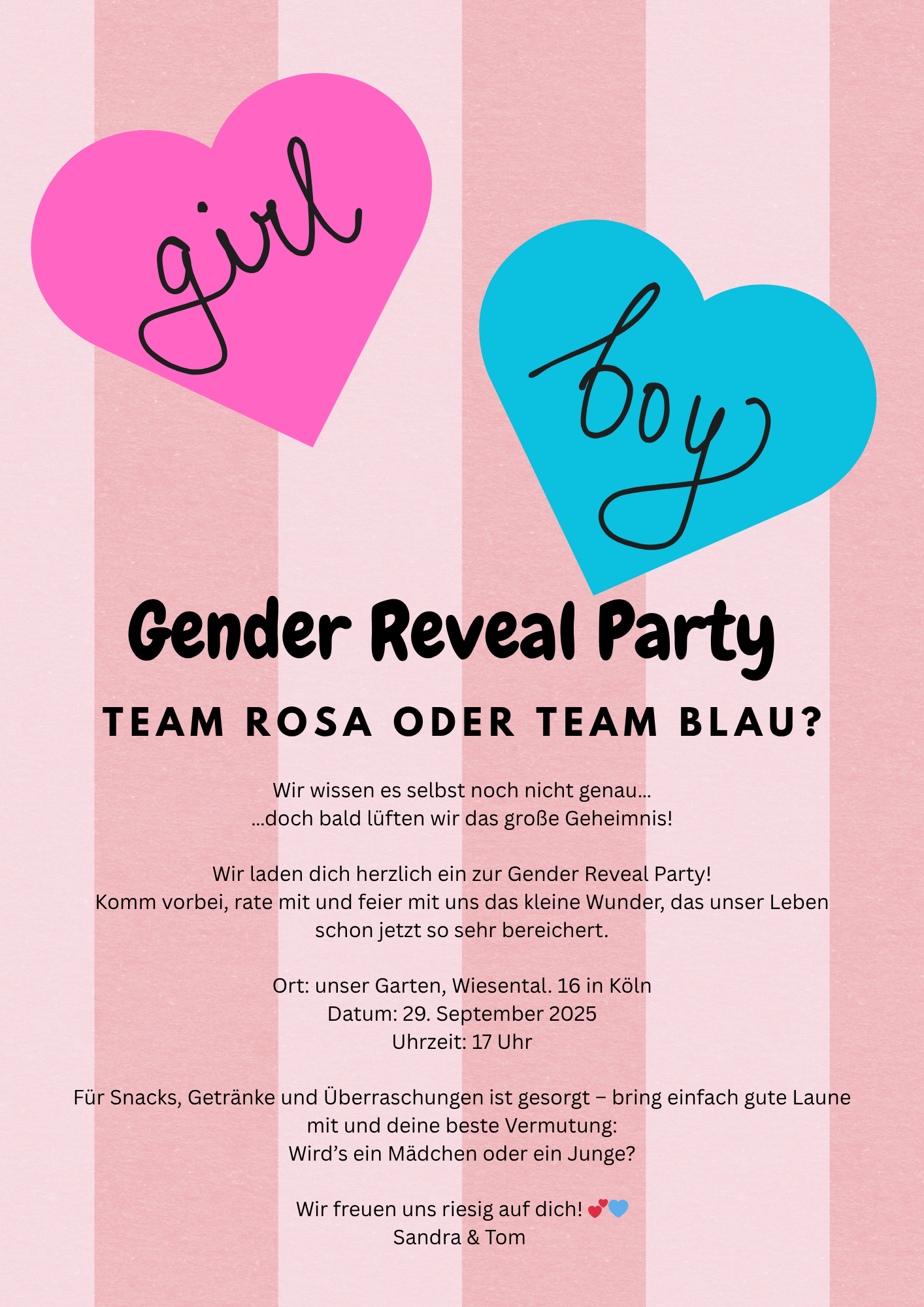 🎀 Digitale Einladung zur Gender Reveal Party – Streifen-Edition in Rosa & Blau