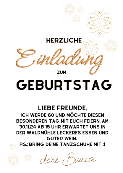 🎉 Digitale Einladungskarte „Goldene Blumen“ – stilvoll, persönlich & festlich