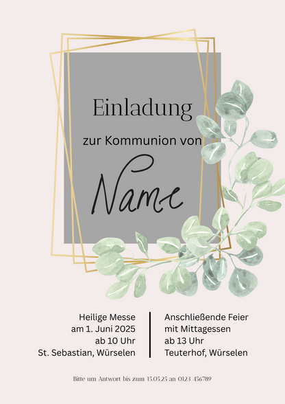 ✨ Digitale Einladung zur Kommunion – Modernes Design mit Eukalyptus & Goldrahmen