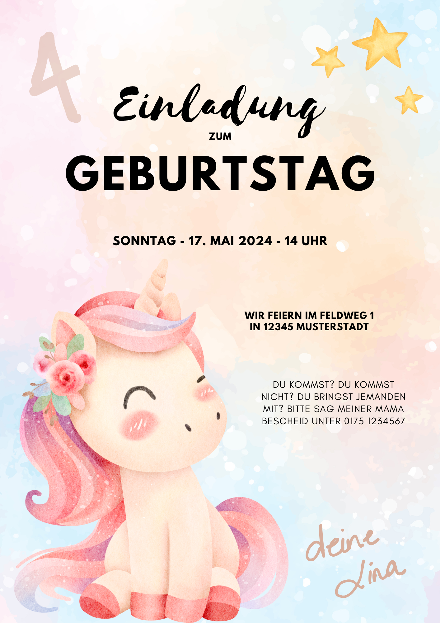 🦄 Digitale Einladungskarte „Einhornzauber“ – personalisierbar & märchenhaft schön