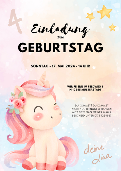 🦄 Digitale Einladungskarte „Einhornzauber“ – personalisierbar & märchenhaft schön