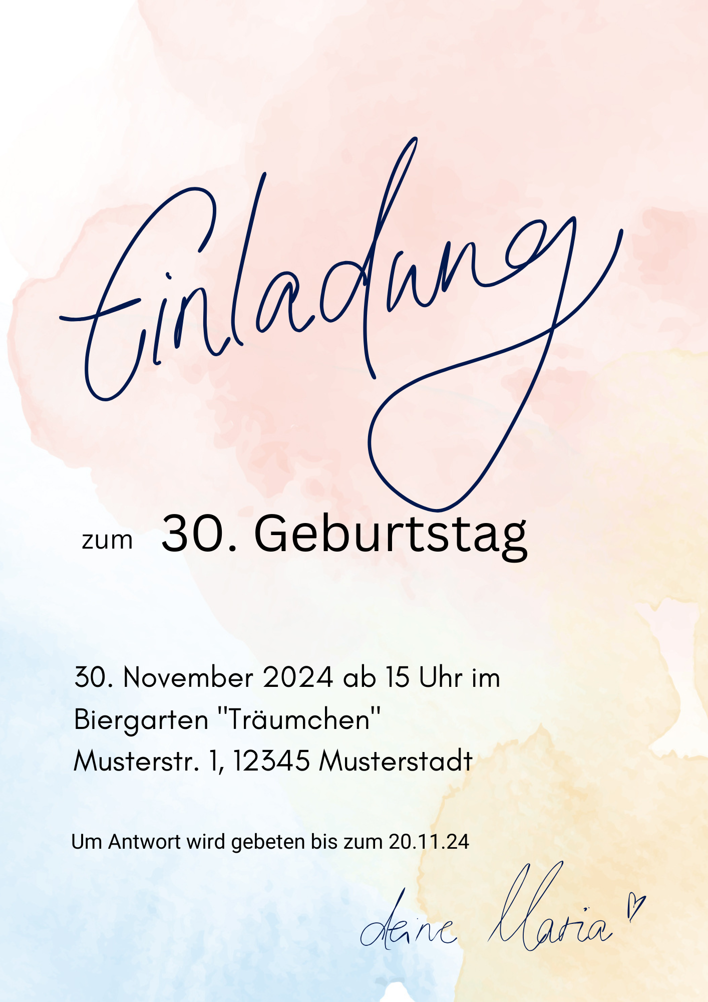Digitale Einladungskarte „30. Geburtstag – Aquarellstil“ – stilvoll, zart & persönlich
