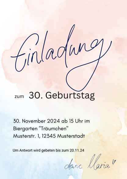 Digitale Einladungskarte „30. Geburtstag – Aquarellstil“ – stilvoll, zart & persönlich