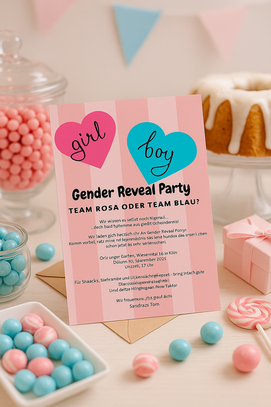 🎀 Digitale Einladung zur Gender Reveal Party – Streifen-Edition in Rosa & Blau