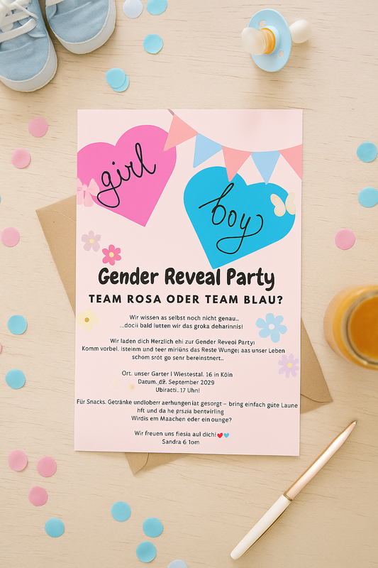 🎉 Digitale Einladung zur Gender Reveal Party – "Team Rosa oder Team Blau?"