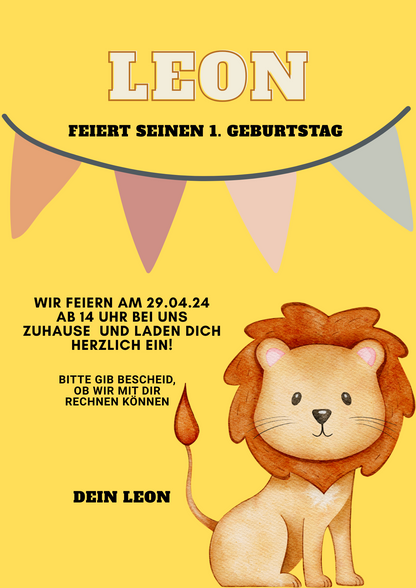 🦁 Digitale Einladung zum 1. Geburtstag – Löwe | Canva Vorlage zum Anpassen & Ausdrucken