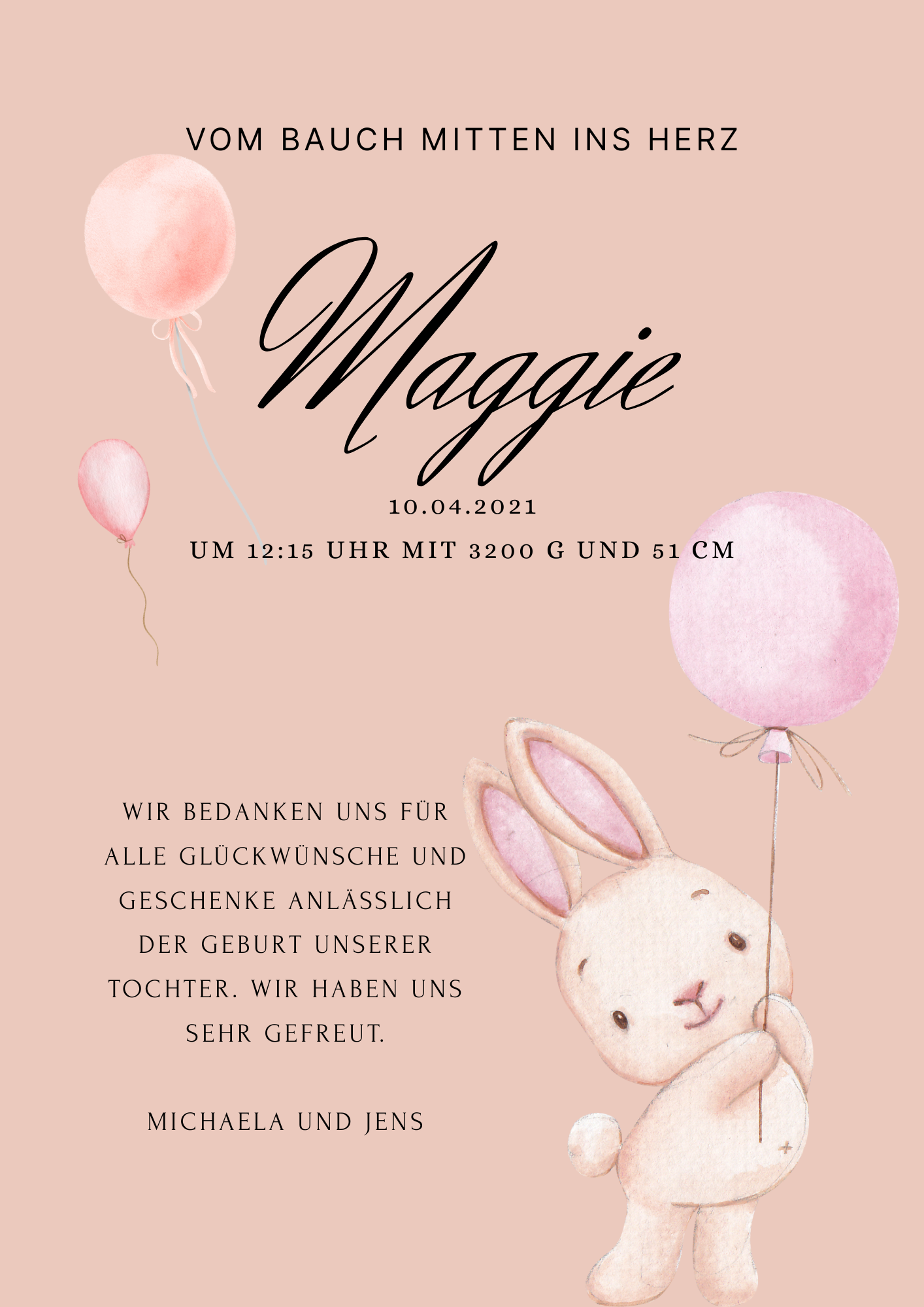 🐰 Digitale Geburtskarte „Maggie“ mit Häschenmotiv – personalisierbar mit Canva