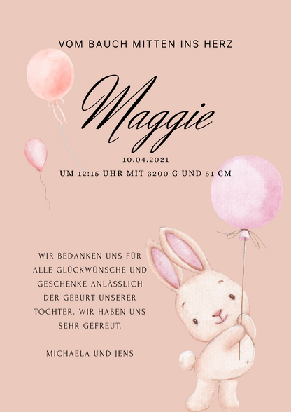 🐰 Digitale Geburtskarte „Maggie“ mit Häschenmotiv – personalisierbar mit Canva