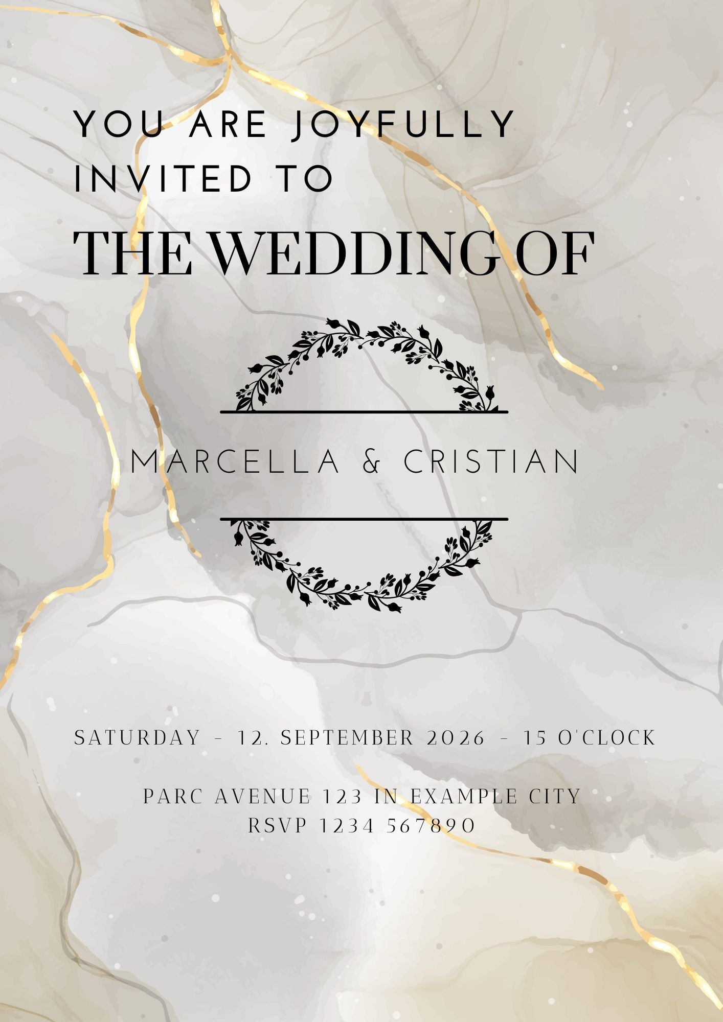 Digitale Hochzeitseinladung Marmor & Gold – Canva Template | Editierbare Vorlage | Sofort-Download