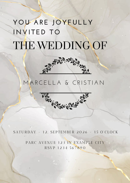 Digitale Hochzeitseinladung Marmor & Gold – Canva Template | Editierbare Vorlage | Sofort-Download