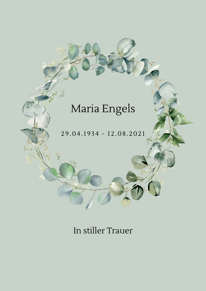 Digitale Trauerkarte „In stiller Trauer“ mit Eukalyptuskranz – Canva-Vorlage zum Personalisieren | Gedenkbild Download