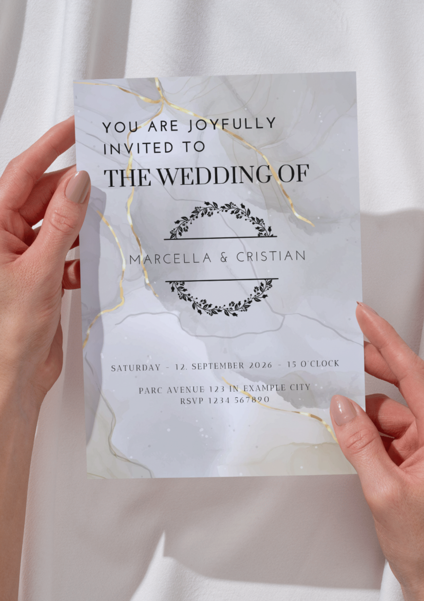 Digitale Hochzeitseinladung Marmor & Gold – Canva Template | Editierbare Vorlage | Sofort-Download
