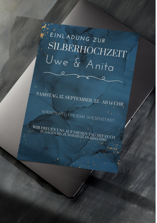 Digitale Einladung Silberhochzeit – Canva Template Blau-Gold | Editierbar & Sofort-Download
