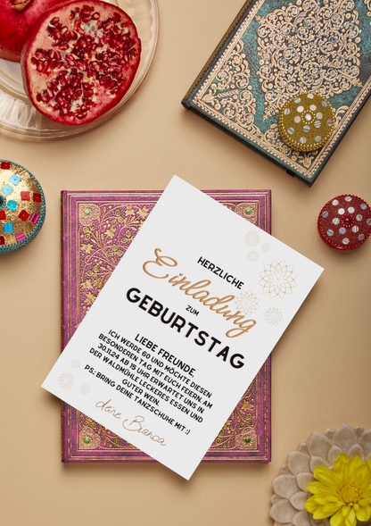 🎉 Digitale Einladungskarte „Goldene Blumen“ – stilvoll, persönlich & festlich