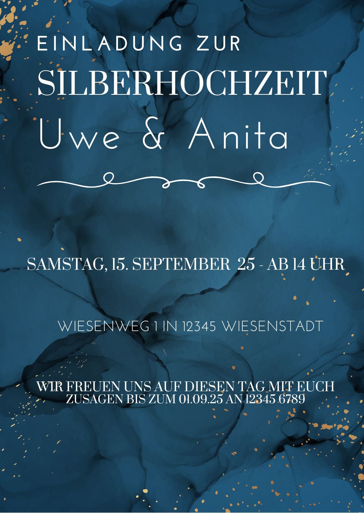 Digitale Einladung Silberhochzeit – Canva Template Blau-Gold | Editierbar & Sofort-Download