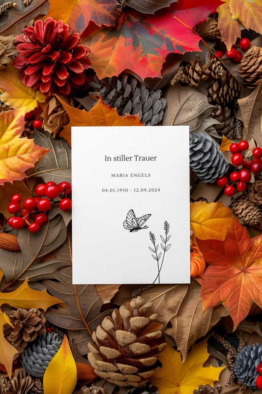 Trauerkarte „In stiller Trauer“ mit Schmetterling – Canva-Vorlage zum Download & Bearbeiten – stilvoll & schlicht