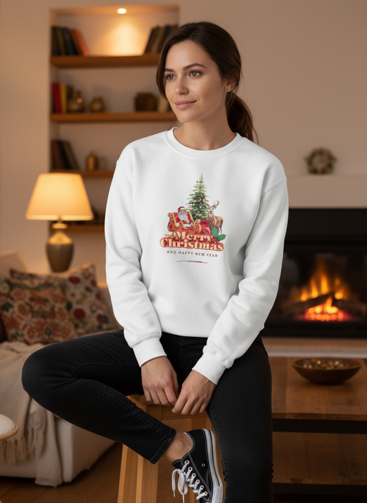 Christmas Crewneck Sweatshirt - Vintage Santa Sleigh "Merry Christmas" Design