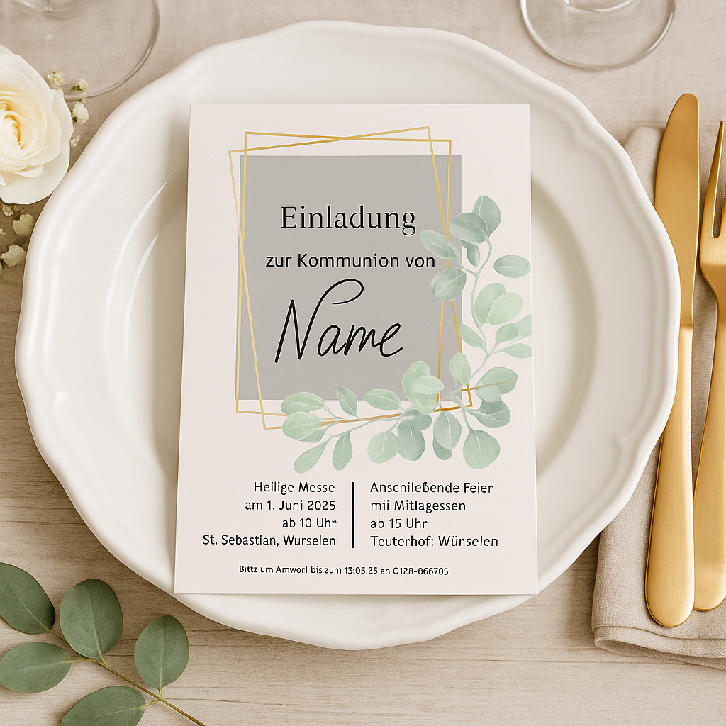 ✨ Digitale Einladung zur Kommunion – Modernes Design mit Eukalyptus & Goldrahmen